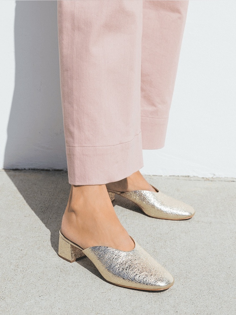 LOEFFLER RANDALL metallic gold leather low block heel mules slides